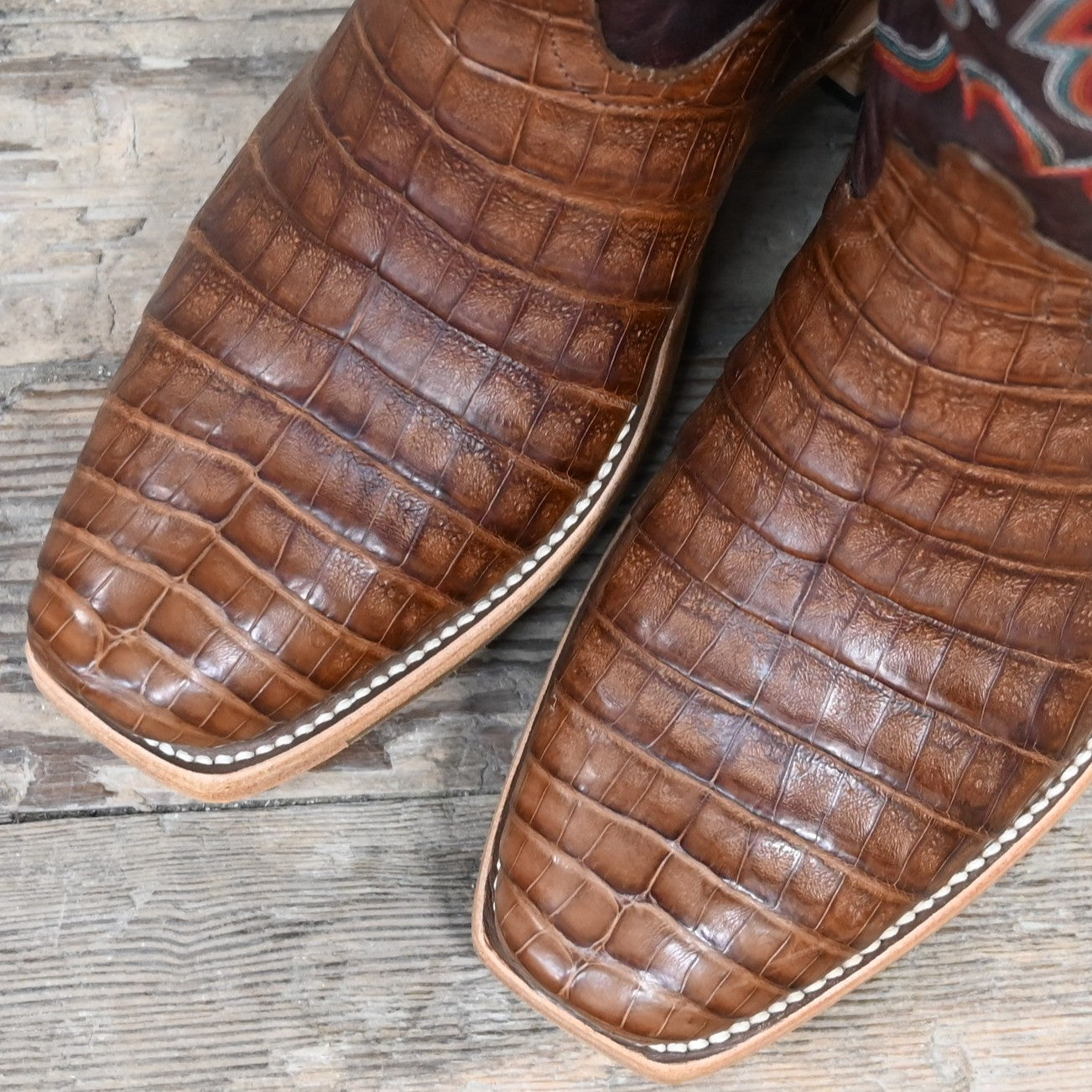 View of Horse Power 13&quot; boot with black caiman belly vamp, black glove top, cutter toe, and pull straps