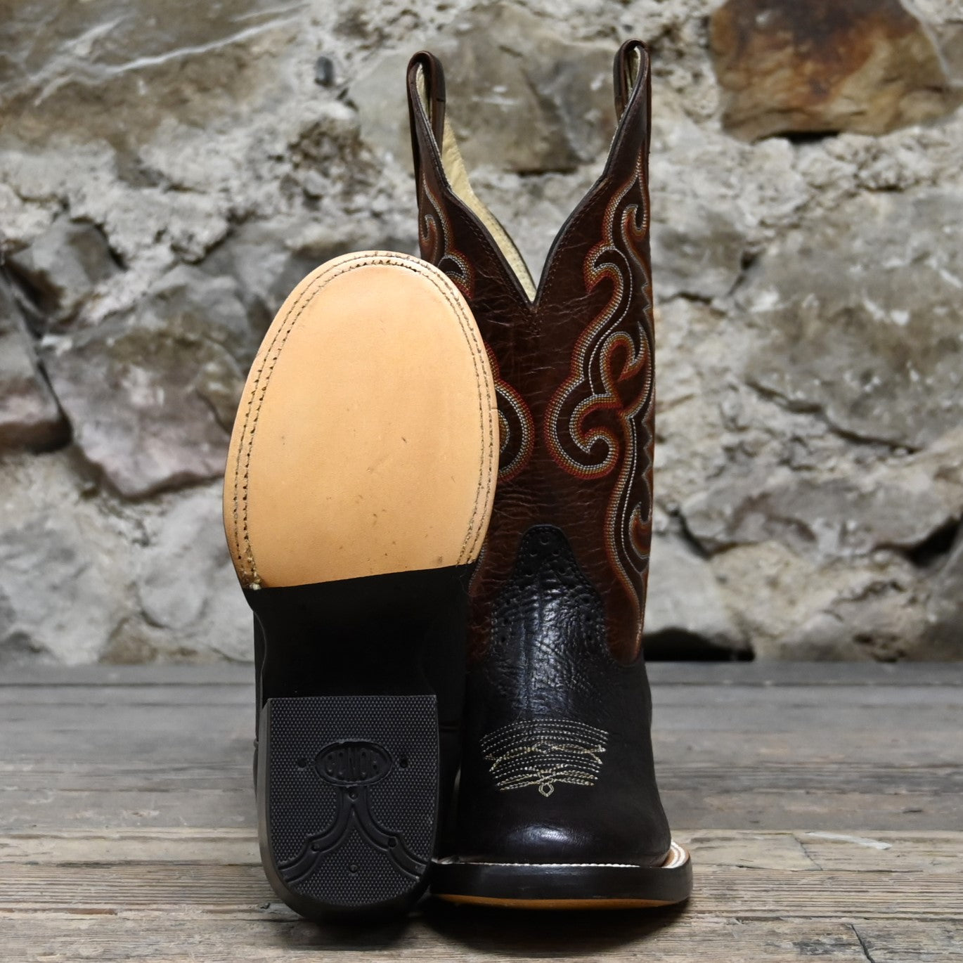 View of Hondo 13&quot; cowboy boot with rust volcano top, chocolate Spanish shoulder vamp, and wide round toe