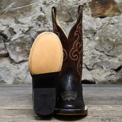 View of Hondo 13&quot; cowboy boot with rust volcano top, chocolate Spanish shoulder vamp, and wide round toe