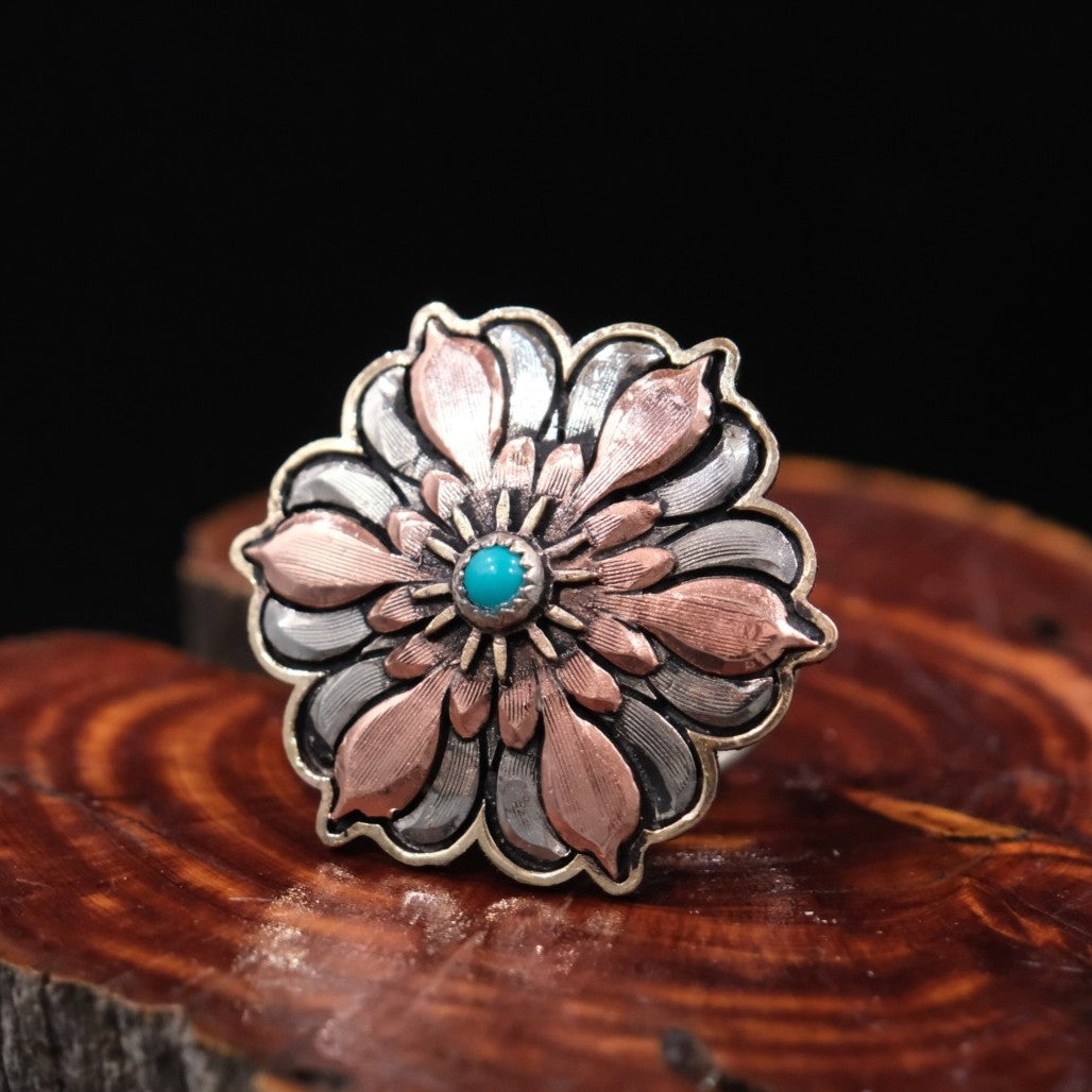 P Diamond Designs Copper and Gold Tone Flower Scarf Slide - Turquoise