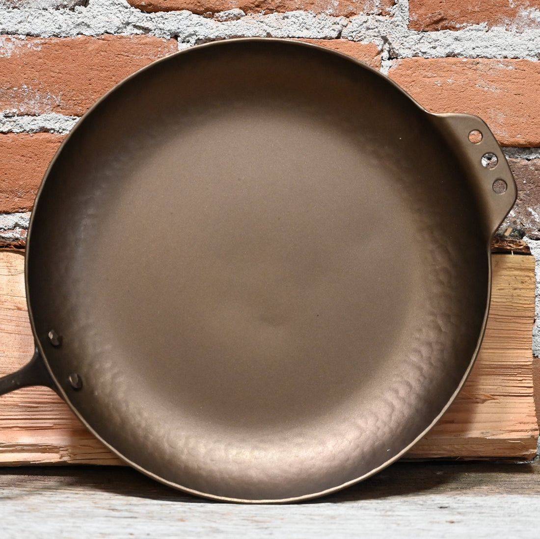 View of Smithey 12&quot; Carbon Steel Farmhouse Skillet – Hand-forged pan with hammered handle and pre-seasoned interior