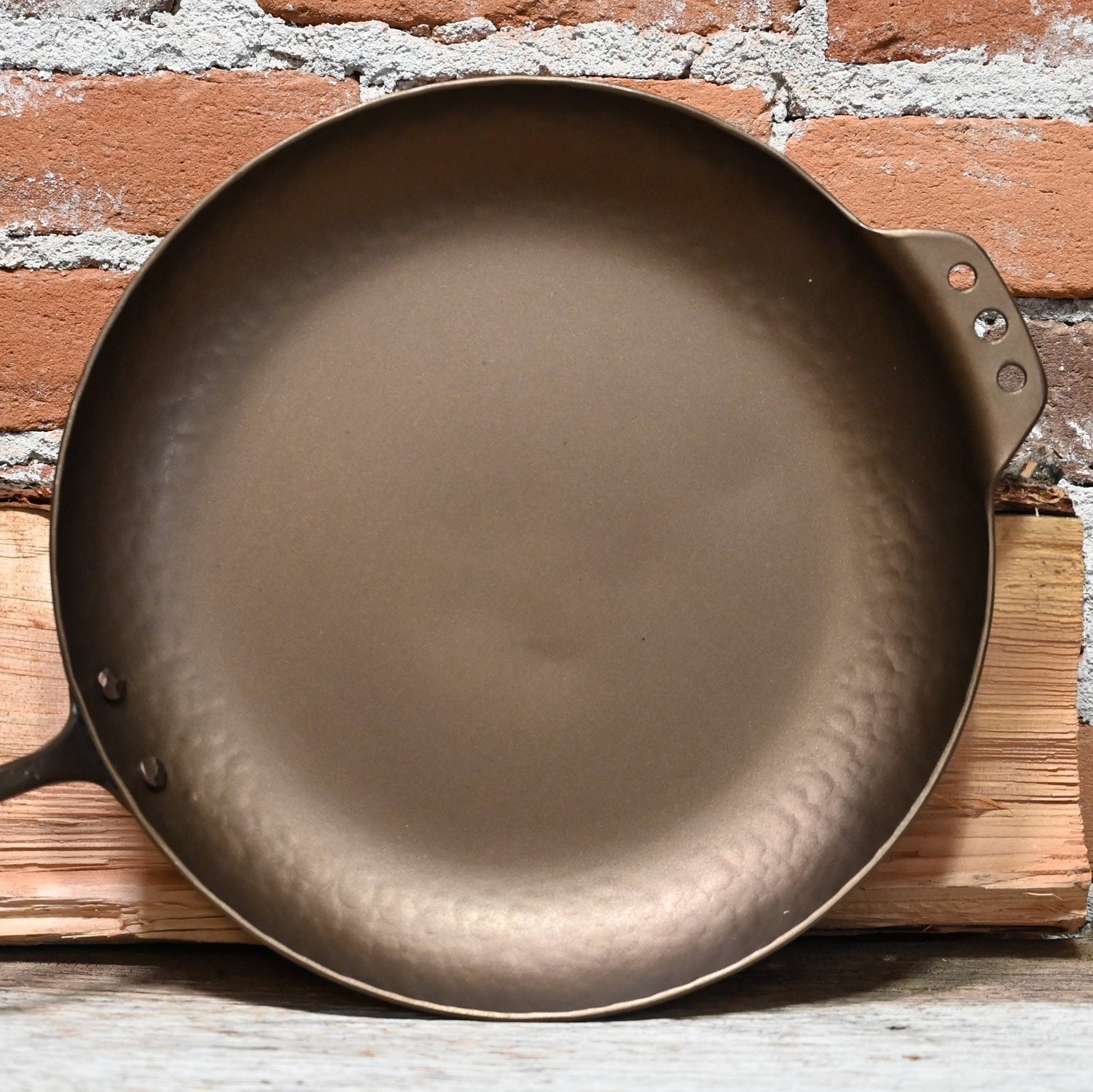 View of Smithey 12&quot; Carbon Steel Farmhouse Skillet – Hand-forged pan with hammered handle and pre-seasoned interior