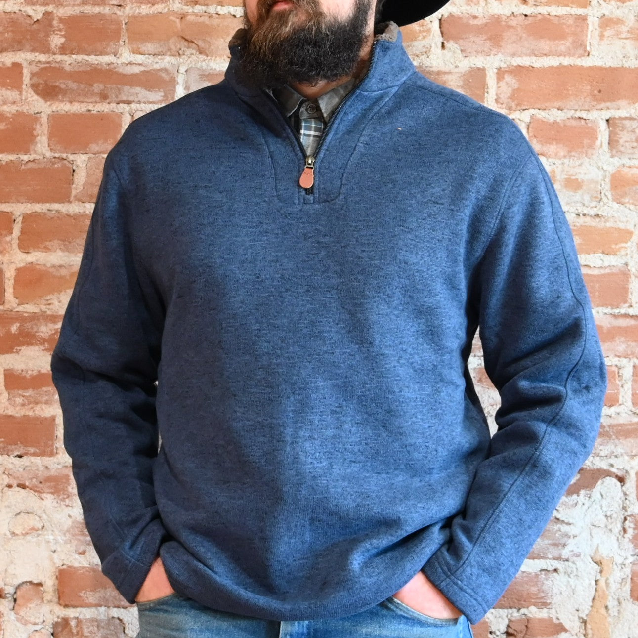 View of Schaefer Elkhorn quarter-zip pullover in navy, taupe, loden, or grey with sherpa-lined collar and leather zipper pull