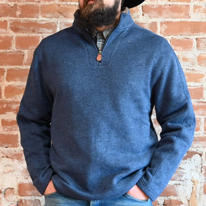 View of Schaefer Elkhorn quarter-zip pullover in navy, taupe, loden, or grey with sherpa-lined collar and leather zipper pull