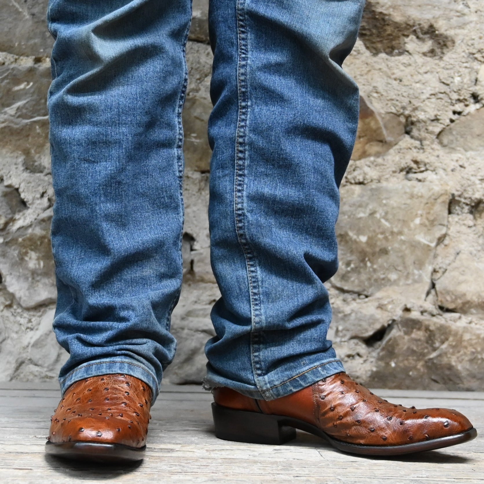 View of Stallion Men’s Zorro zip boot with antique saddle ostrich vamp and medium square French toe