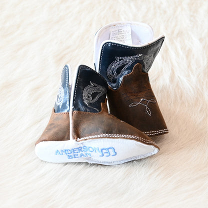 View of Anderson Bean Baby Bean boot with tan Crazy Horse vamp, navy glove top, and DB square toe
