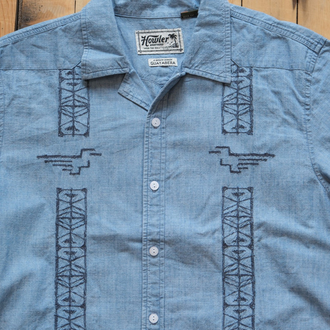Howler Bros Guayabera Shirt - Pictographs in Washed Indigo Chambray