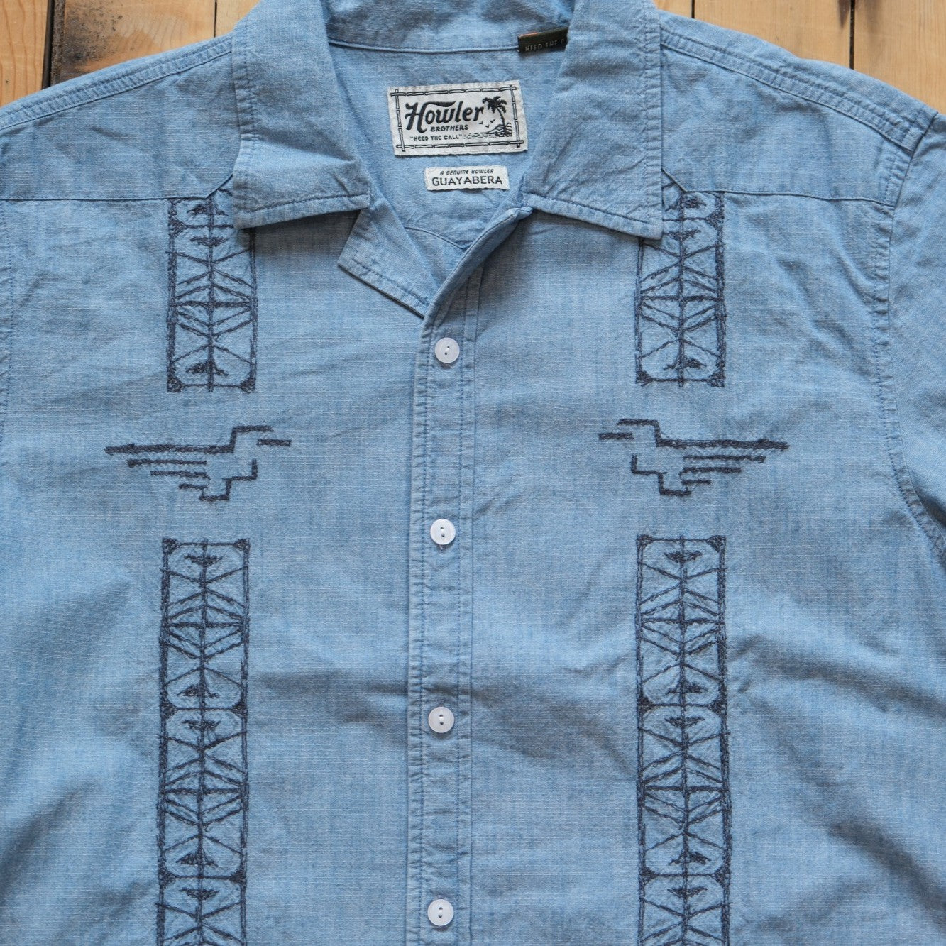Howler Bros Guayabera Shirt - Pictographs in Washed Indigo Chambray