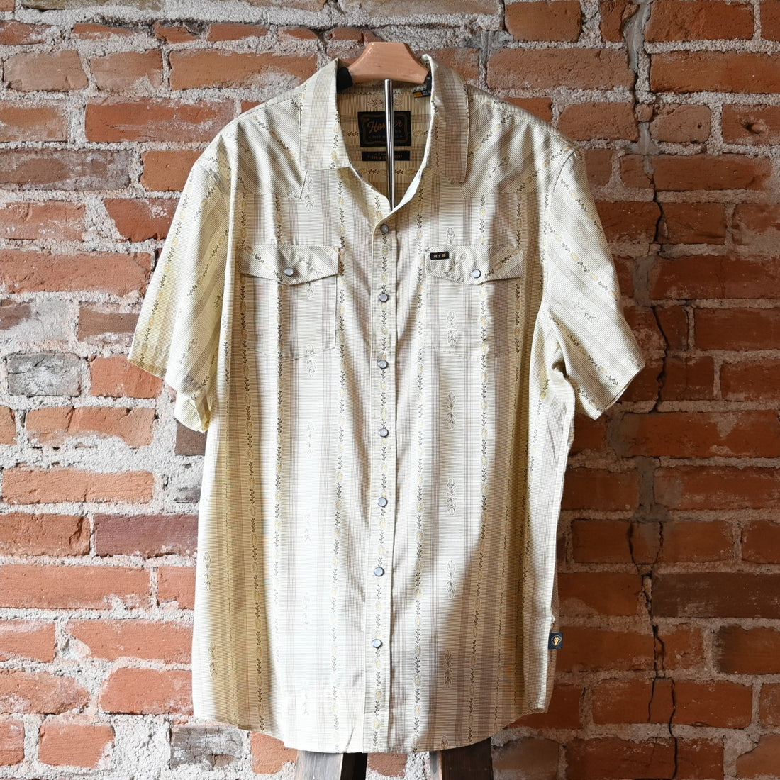 Howler Bros H Bar B Snapshirt — Prairie Garland Dust, short sleeve shirt, pearl snaps, Western styling