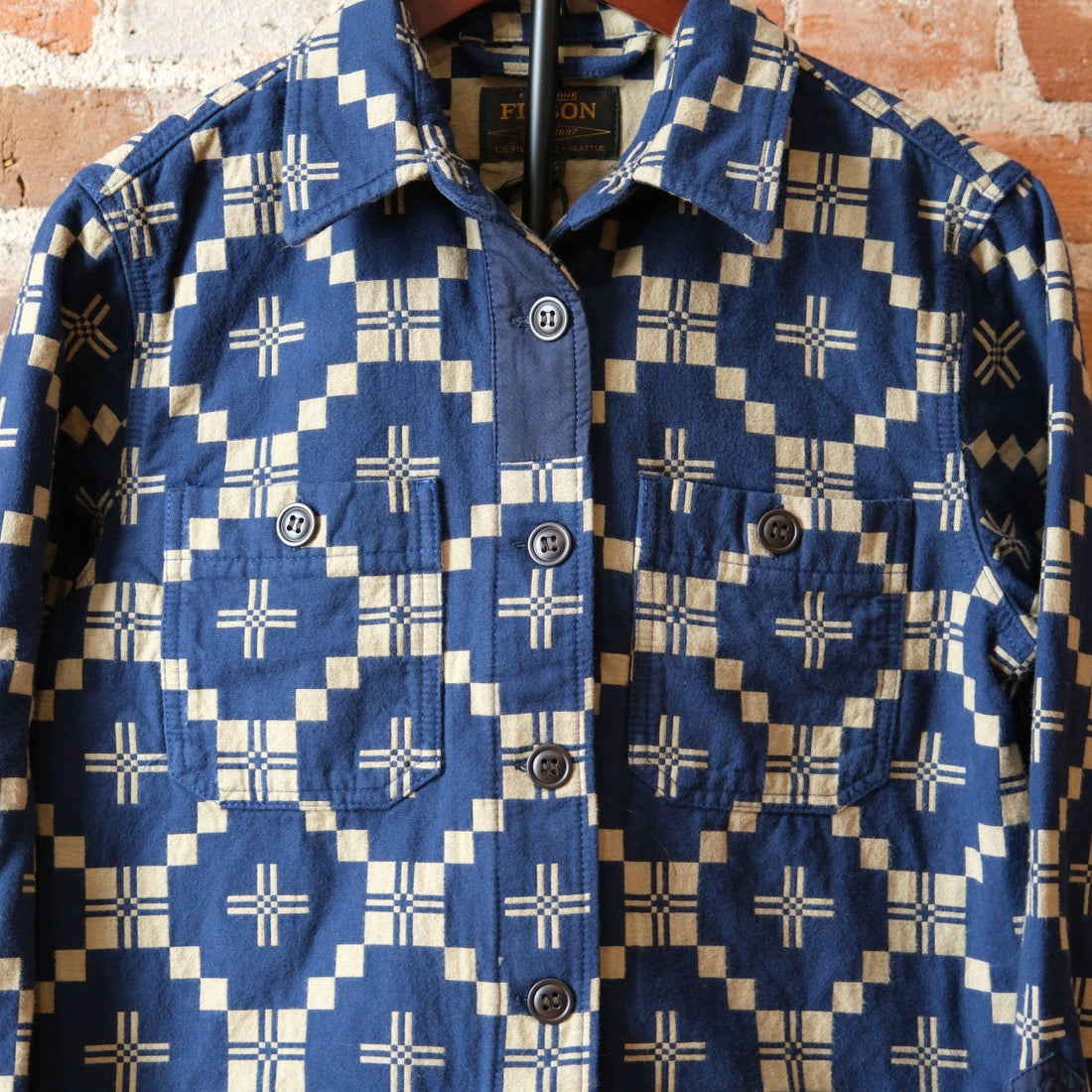 Filson Ladies Colchuck Short Jacket in Navy/Sage Jacquard featuring an intricate graphic pattern and waist-length design.