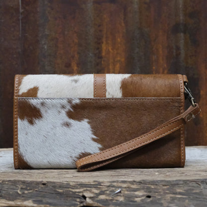 Myra Aria hair-on and leather wallet in brown and white with snap closure