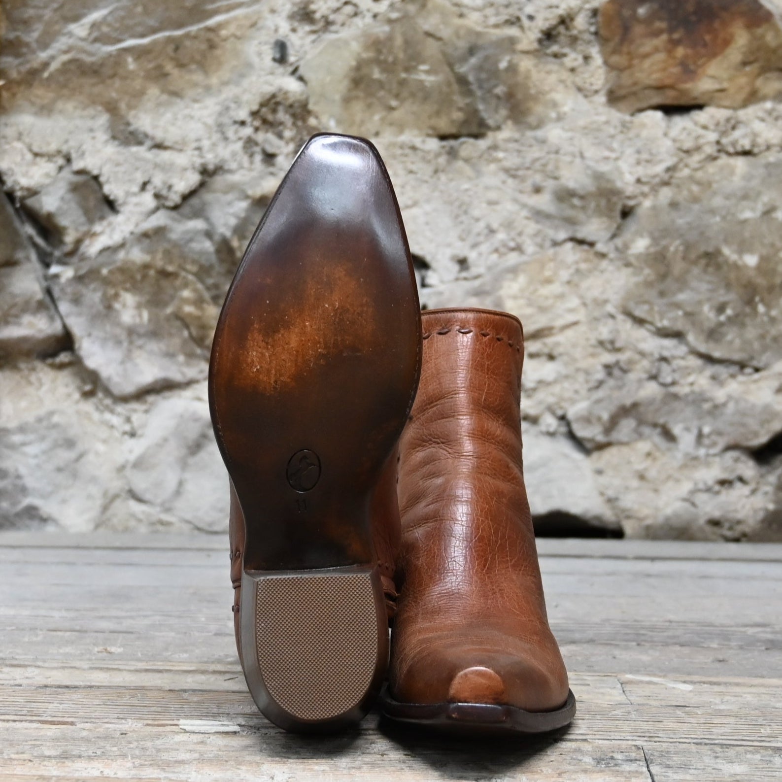 View of Stallion Men’s Zorro zip boot in cognac calf with buckstitching and snip toe