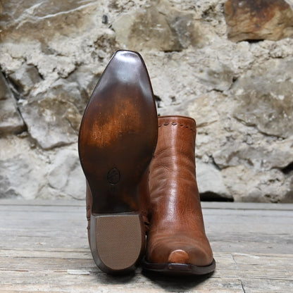 View of Stallion Men’s Zorro zip boot in cognac calf with buckstitching and snip toe