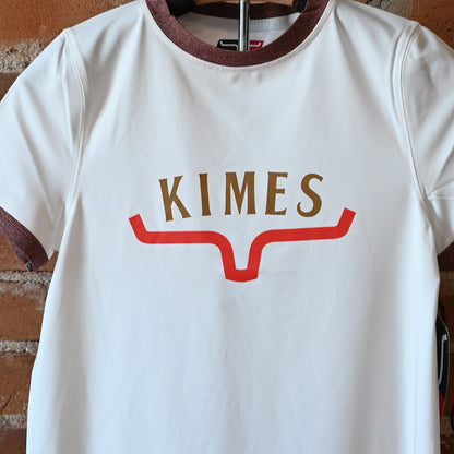 View of Kimes Ranch Ladies Tech T-Shirt in Natural, featuring a straight fit and heat transfer logo