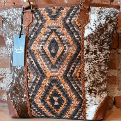 Myra Stone Valley tote bag with leather, hairon, and woven rug design