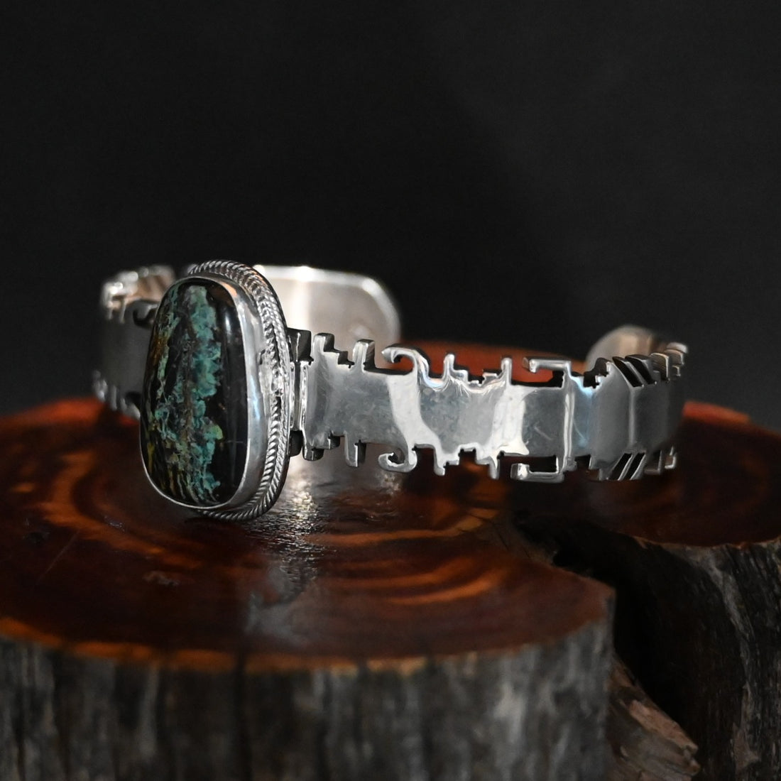 View of Sunwest Silver Randy Billy Black Jack Turquoise Cuff featuring a Black Jack turquoise stone set in sterling silver