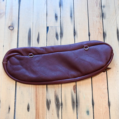 View of K Bar J chap leather cantle bag with brass zipper and loops