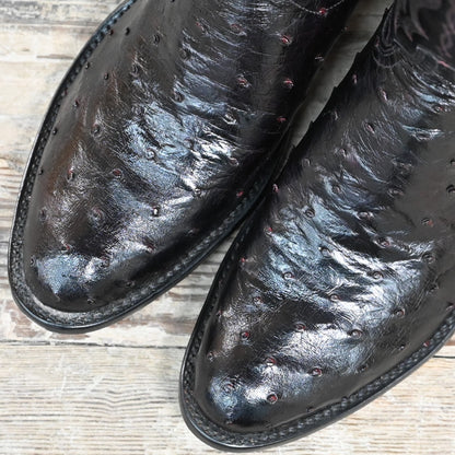 Lucchese men’s 13″ ostrich leather boot in black cherry with looping stitch pattern and tall shaft