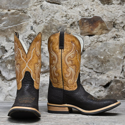 View of Hondo 13&quot; cowboy boot with oryx crater top, sand nubuck bullhide vamp, and wide square toe