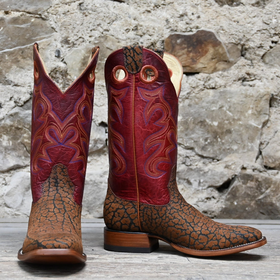 View of Hondo 13" cowboy boot with red volcano top, sand nubuck bullhide vamp, and medium square toe