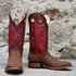 View of Hondo 13" cowboy boot with red volcano top, sand nubuck bullhide vamp, and medium square toe