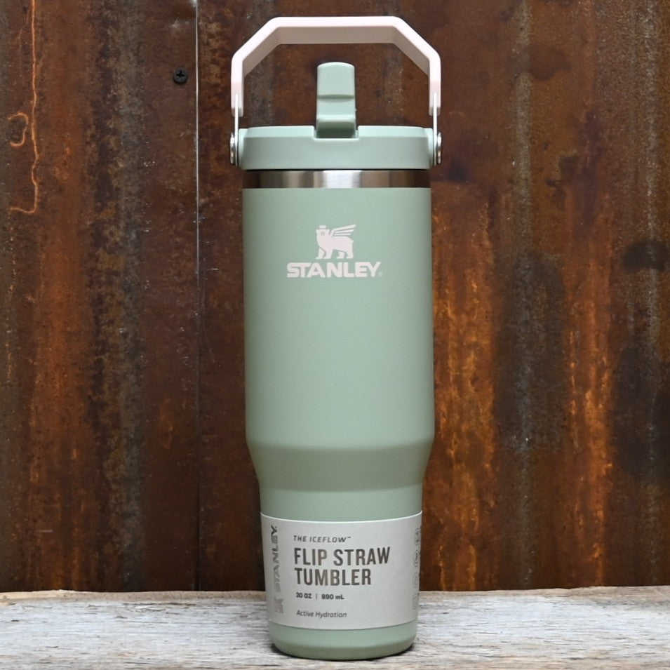 Stanley 30 oz IceFlow 2.0 Flip Straw Tumbler in Lichen green with handle and straw lid.