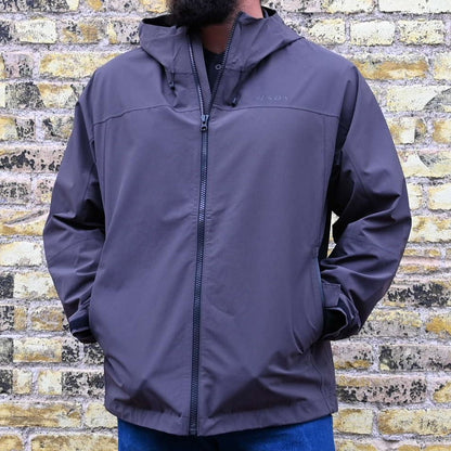 View of Filson Swiftwater Rain Jacket in Raven, showcasing its lightweight design and adjustable features