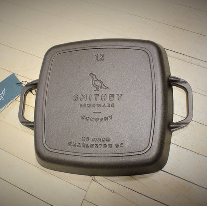 View of Smithey Ironware No. 12 Cast Iron Grill Pan with polished ridges and dual handles