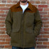 View of Schaefer Carson olive jacket with corduroy yoke and collar, quilted lining, and multiple utility pockets