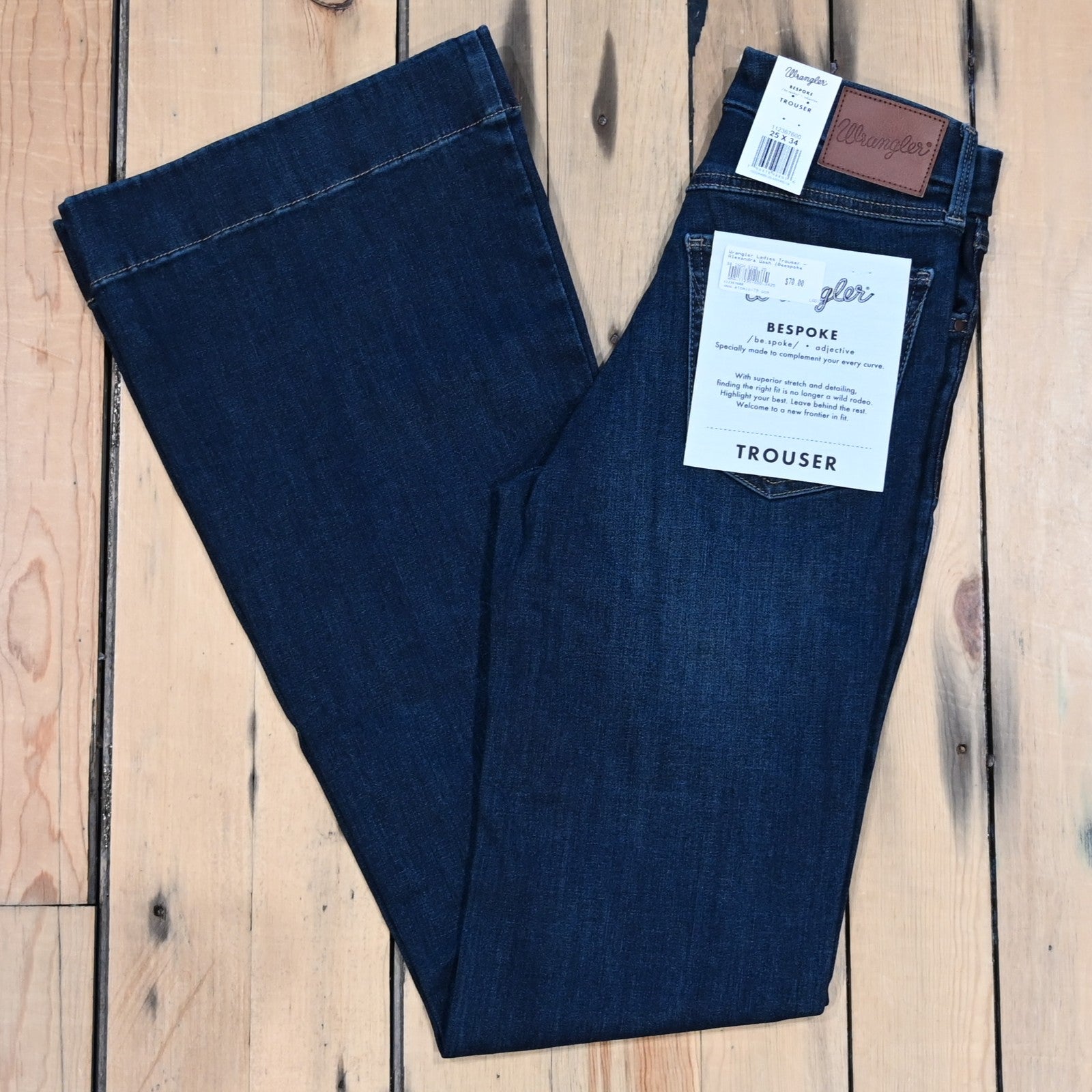 Wrangler Bespoke High Rise Trouser Jean in Alexandra dark blue stretch denim with high-rise and trouser leg silhouette