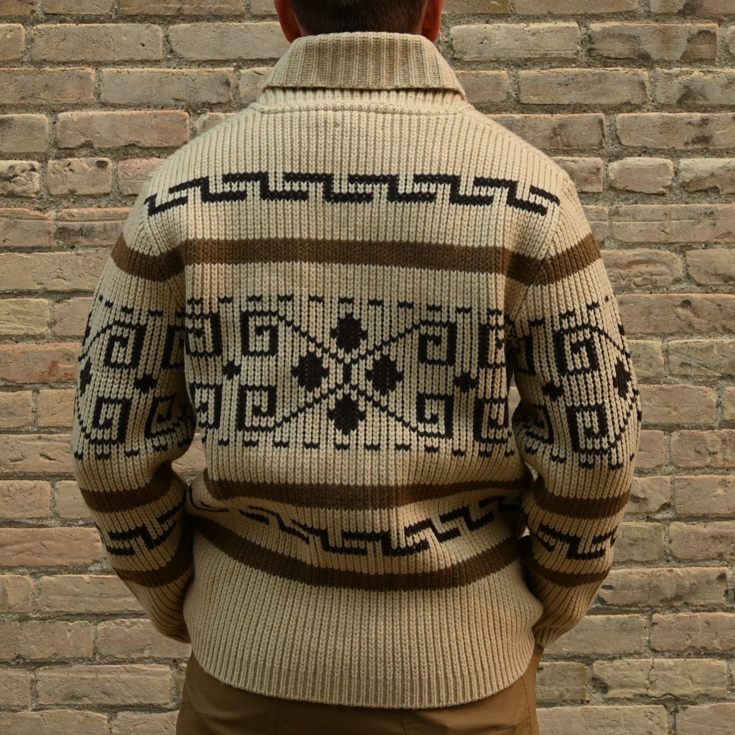 View of Pendleton Original Westerley sweater with Greek-key pattern and shawl collar