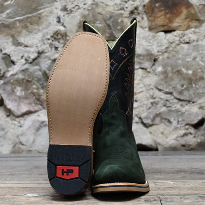 View of Horse Power 11&quot; High Noon boot with emerald suede vamp, tan and black bison top, cutter toe, rainbow stitching, and pull straps