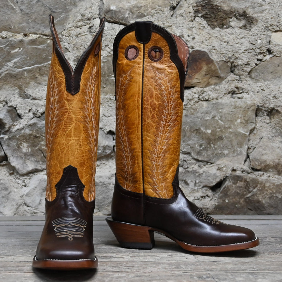 View of Hondo 16" cowboy boot with brown top, brown crazy horse vamp, wide square toe, and pull holes