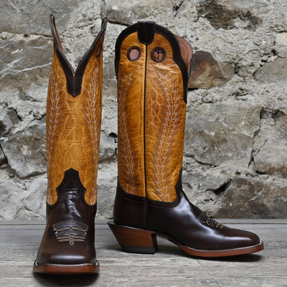 View of Hondo 16&quot; cowboy boot with brown top, brown crazy horse vamp, wide square toe, and pull holes