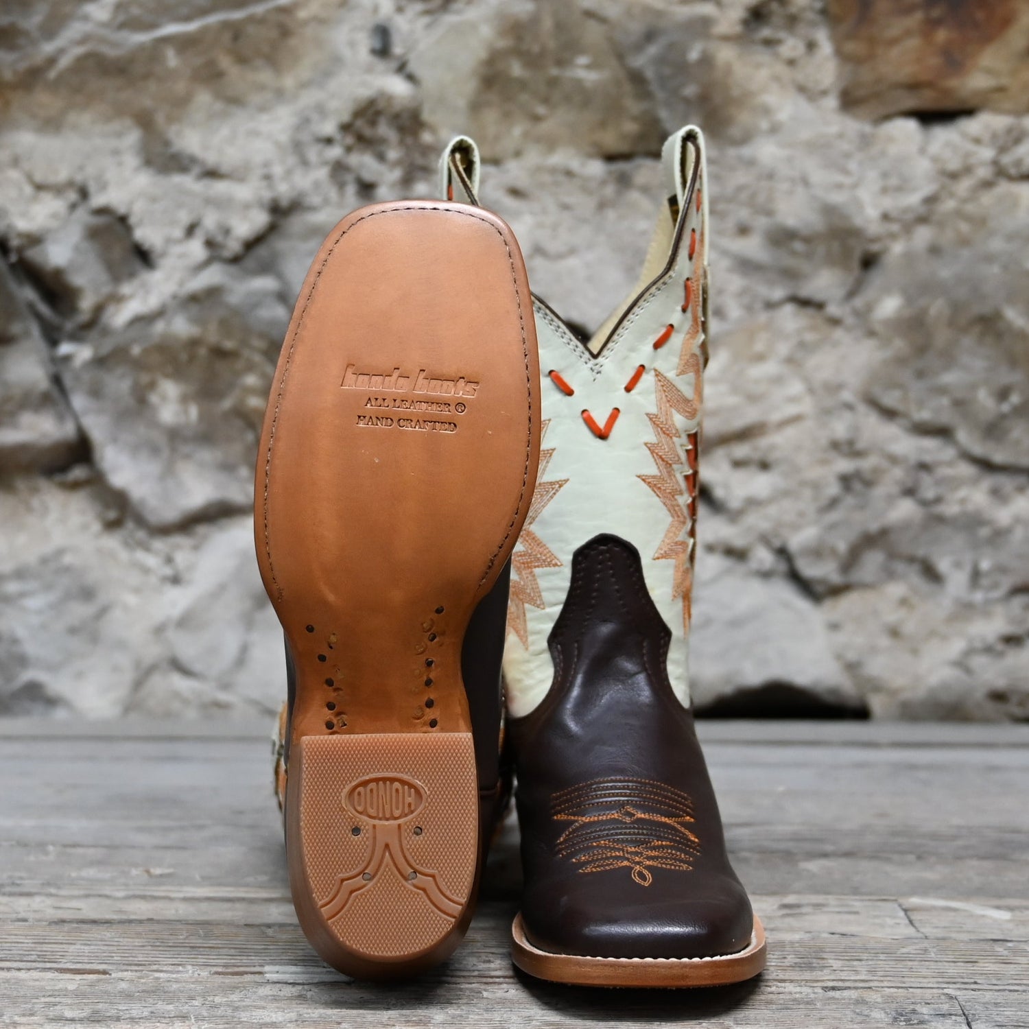 View of Hondo 11&quot; cowboy boot with bone top, brown calf vamp, wide square toe, and pull straps