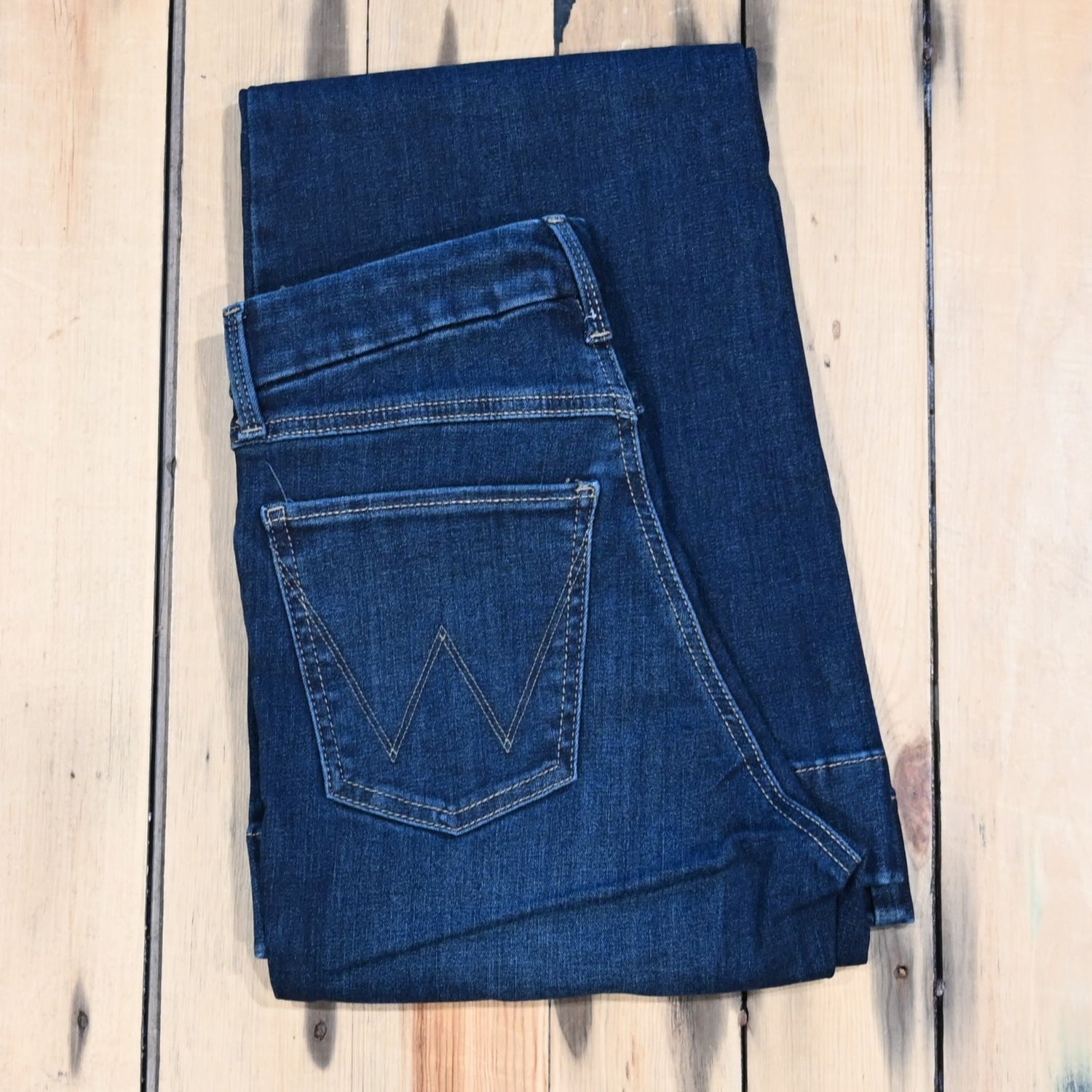 Wrangler Bespoke High Rise Trouser Jean in Alexandra dark blue stretch denim with high-rise and trouser leg silhouette