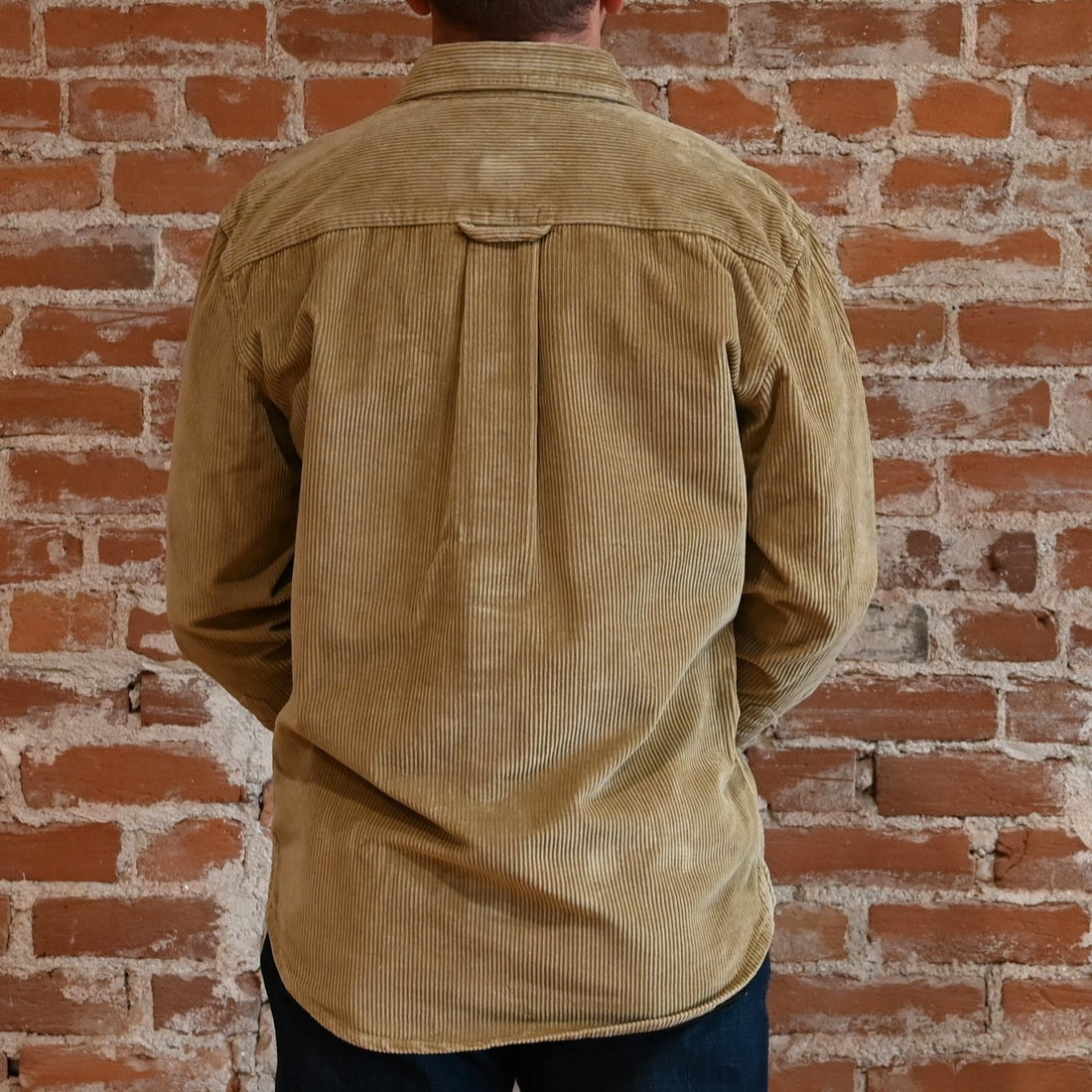 View of Pendleton men’s khaki corduroy overshirt with chest pockets and chamois trim