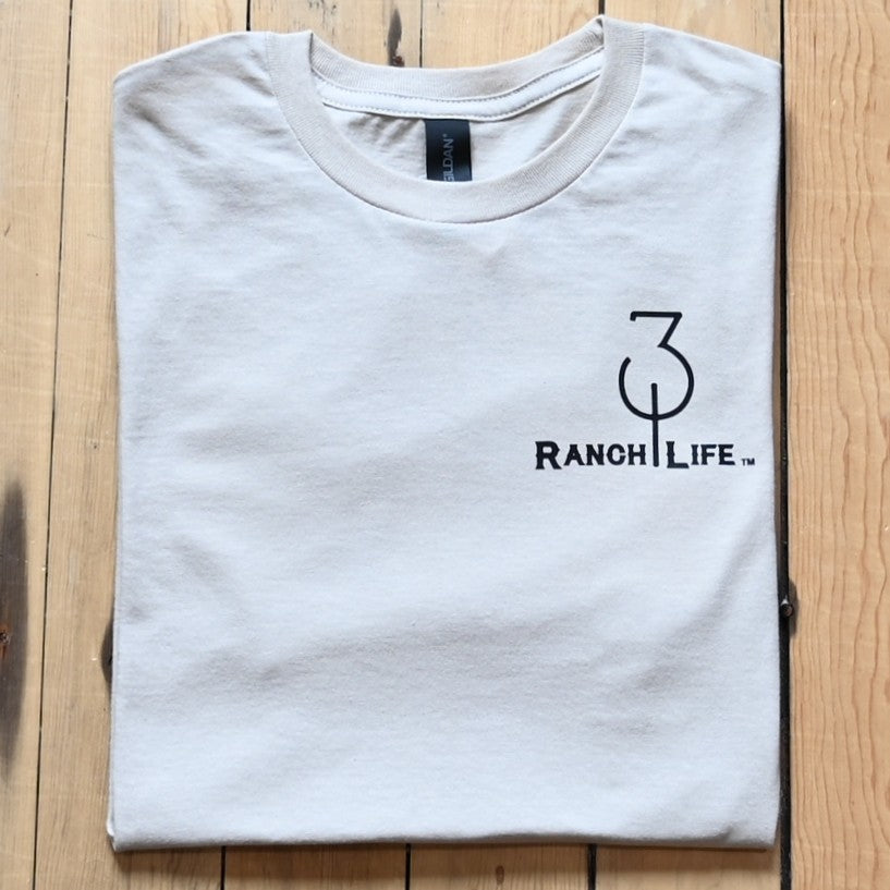 View of Sand unisex T‑shirt with “Make America Cowboy Again” graphic from 310 Ranch Life