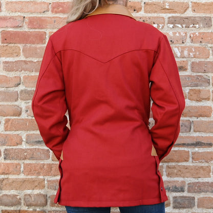 View of Schaefer ladies red wool rancher coat with leather collar, snap vents, and drawcord waist
