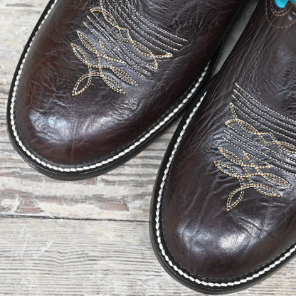 View of Hondo 13&quot; cowboy boot with turquoise top, brown shoulder vamp, wide round toe, and spur ledge