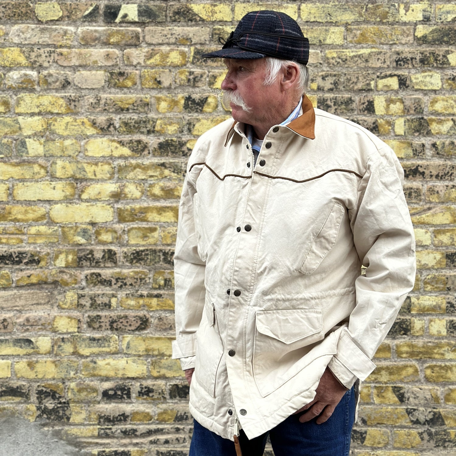 View of Natural canvas Schaefer Durango Drifter Coat with leather collar and fleece lining