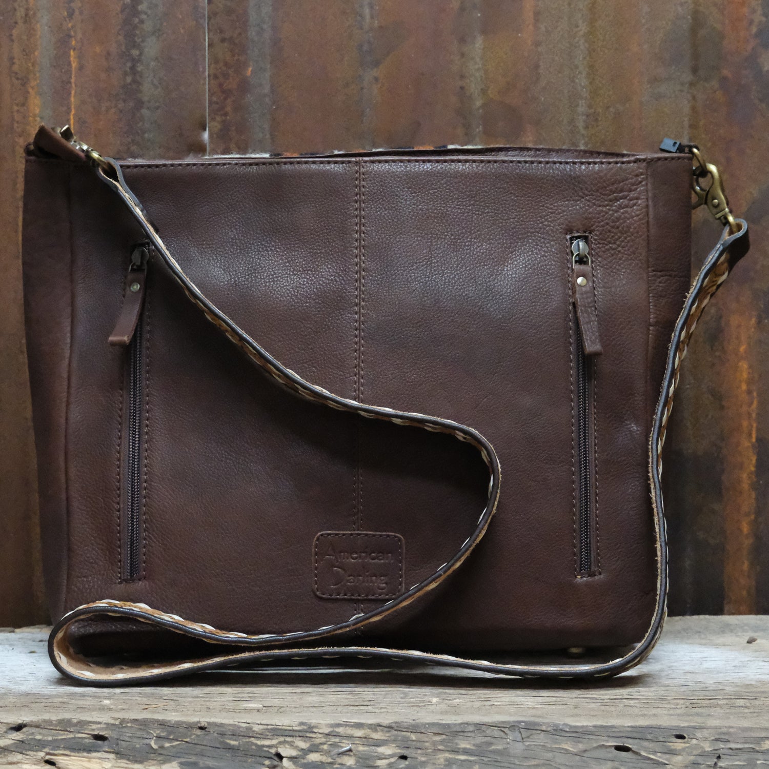 American Darling white Aztec rug messenger bag with leather back and concho detail