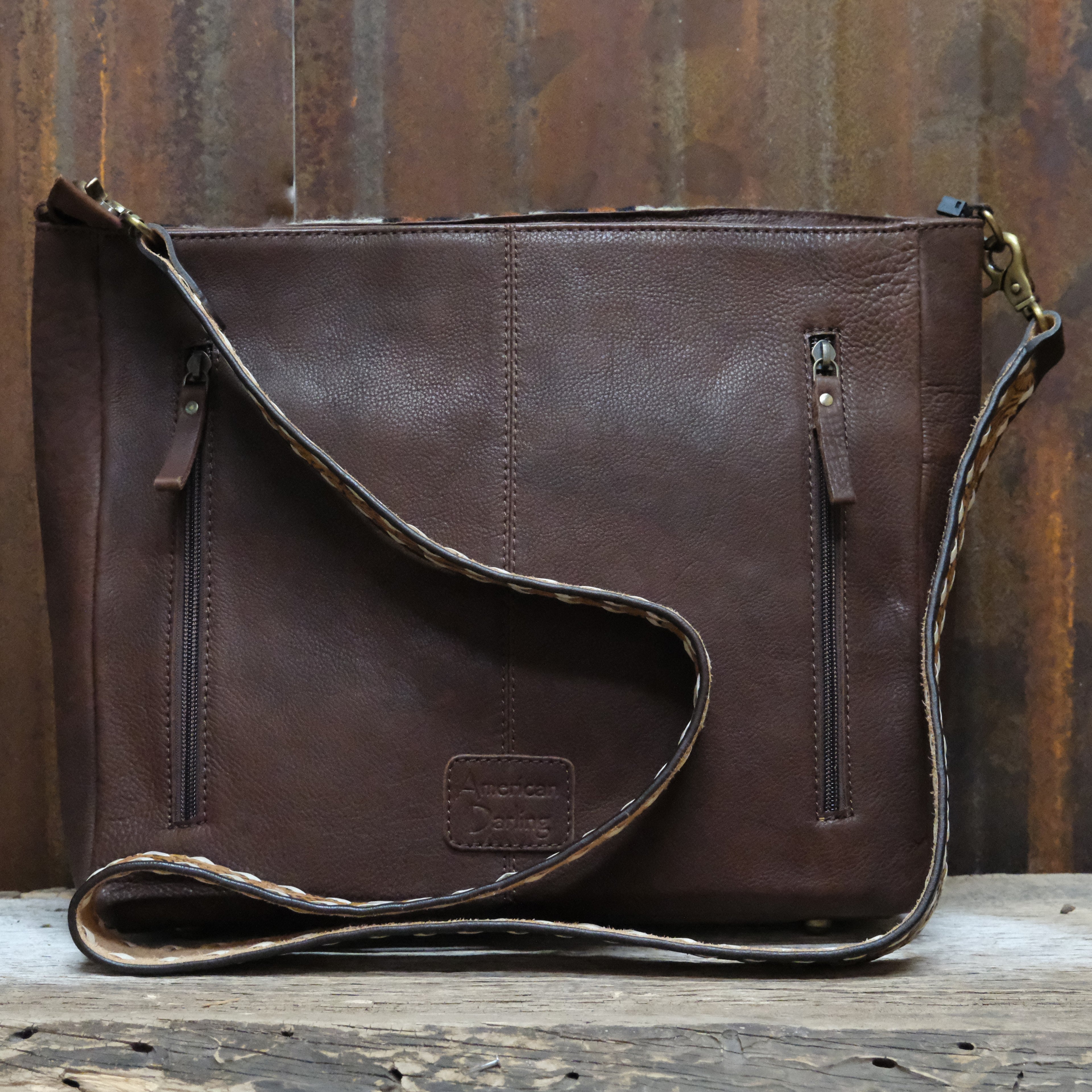 American Darling white Aztec rug messenger bag with leather back and concho detail