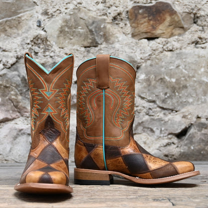 View of Horse Power kids boot with patchwork vamp, honey top, square toe, and pull tabs