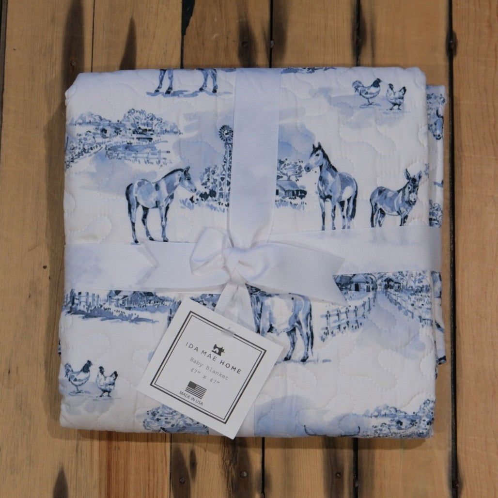 Ida Mae Home - Donkey Toile Blue Baby Blanket