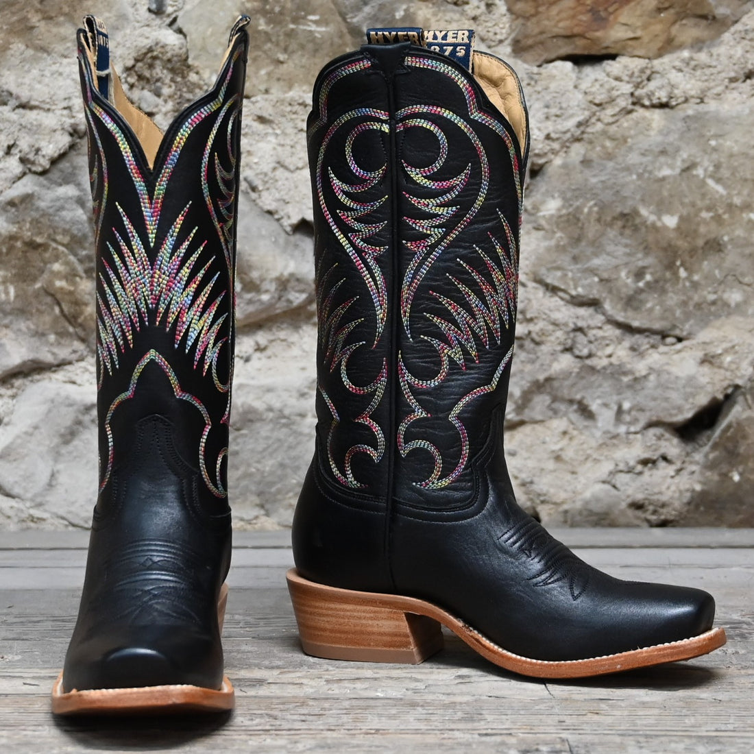 View of Hyer LEAWOOD 13" boots showcasing black top-shelf cowhide with black vamp, Cutter toe, and leather stacked heel