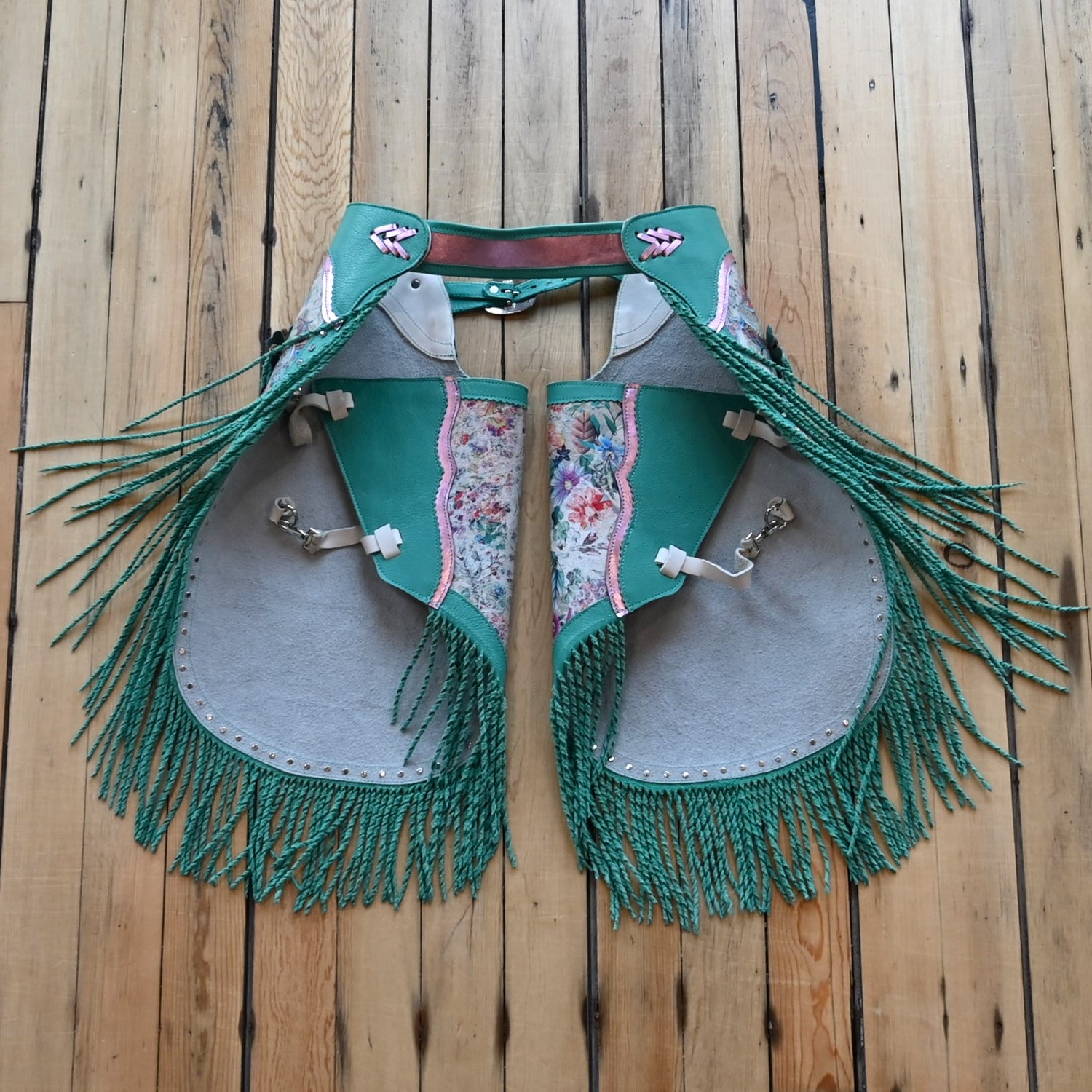 View of Heart of the West Floral Acid Wash Chinks with fringe detailing (34-38 inch waist)