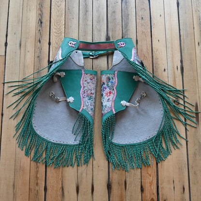 View of Heart of the West Floral Acid Wash Chinks with fringe detailing (34-38 inch waist)