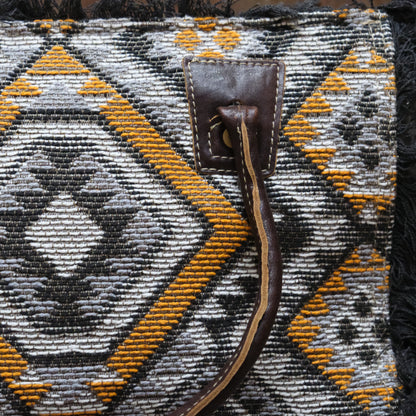 Myra Orange Affairs printed canvas small crossbody bag with leather trim and adjustable strap