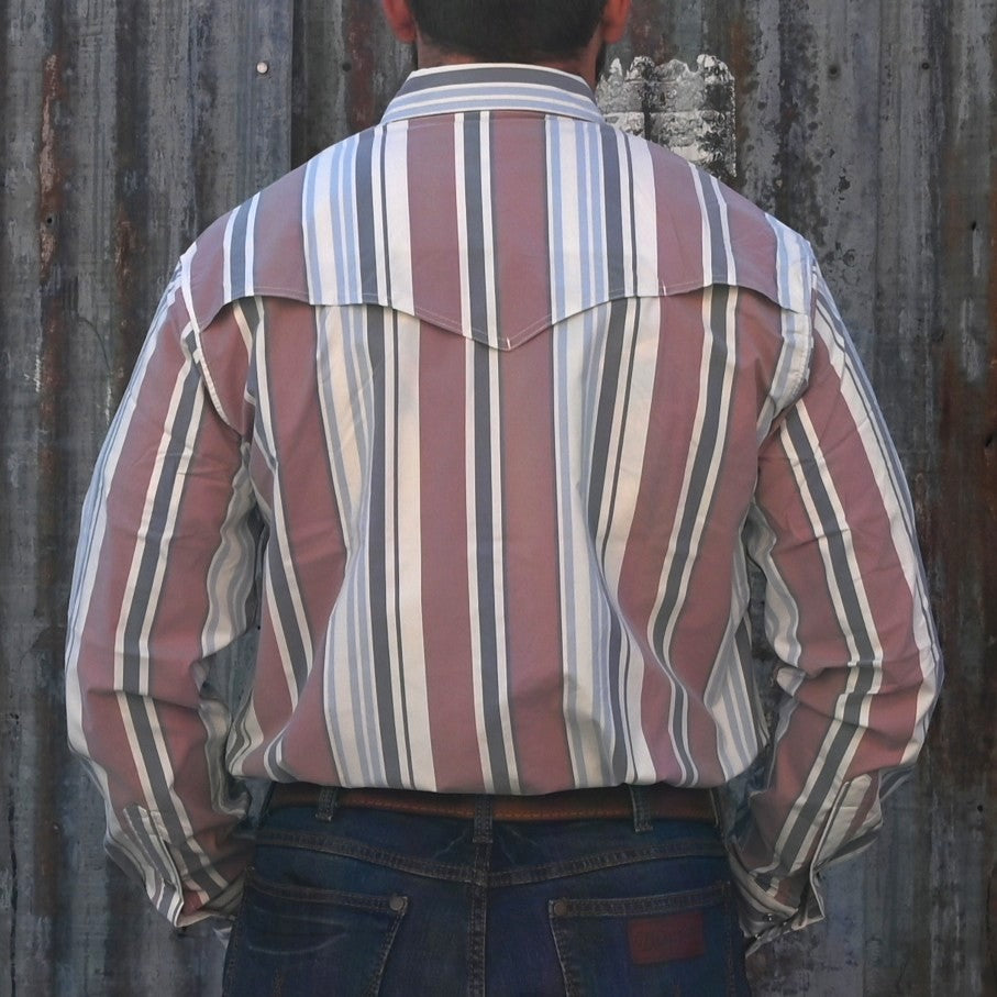 Weatherford Stripe Western snap shirt in light blue, red, and cream with mesh vent and chest pockets